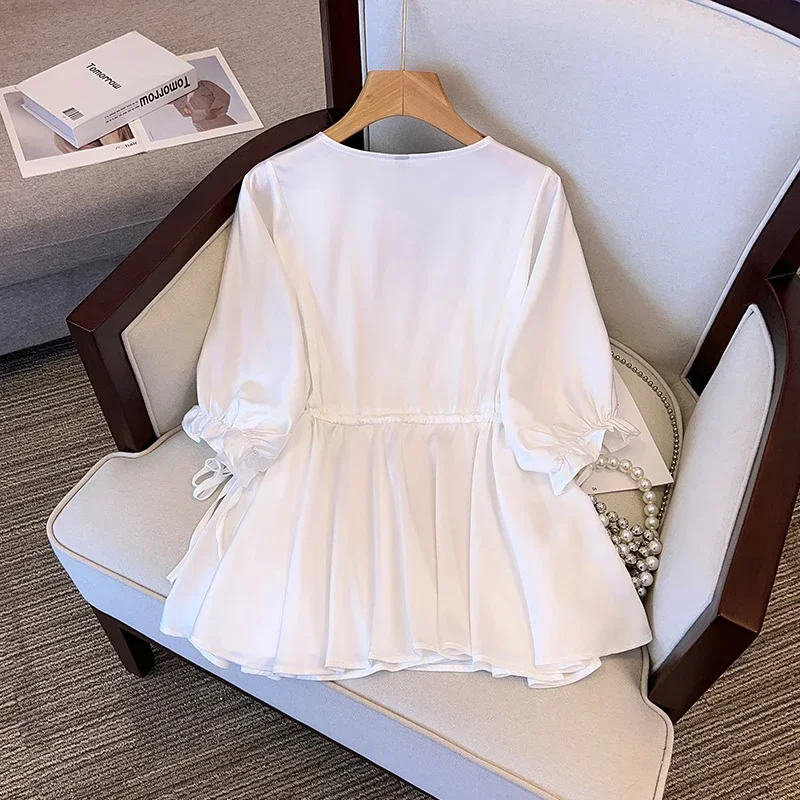 

Элегантная женская блузка с V-образным вырезом, приталенная, с пышными рукавами, винтажный стиль, модная новинка 2023 года