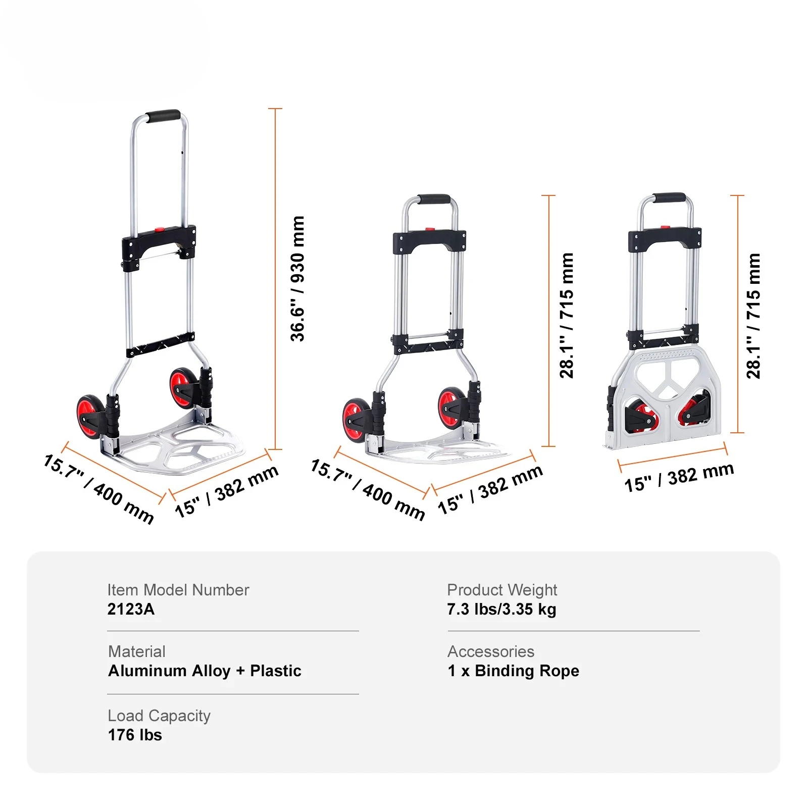 176/275/309 lbs Folding Hand Truck Portable Cart Dolly with Telescoping Handle and Binding Rope for Moving Warehouse