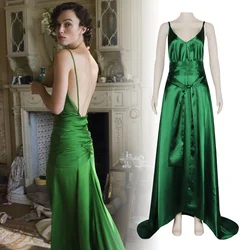 Movie Atonement Cecilia Thales Cosplay Green Skirt V-Neck Retro Thin Suspender Dress Vacation Sexy Satin Backless Long Dovetail