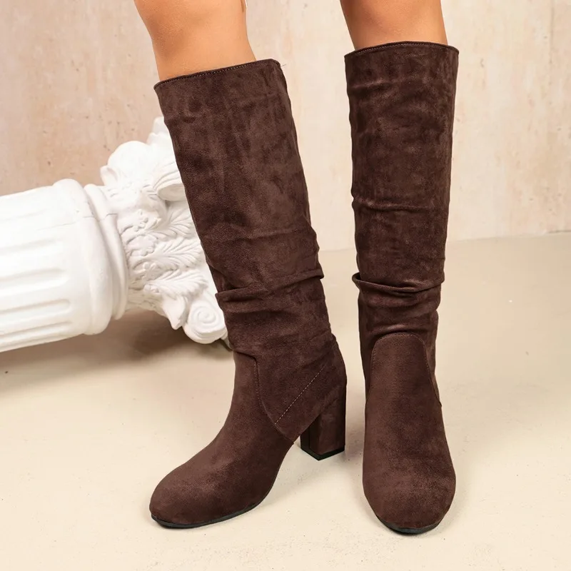 Office Lady Suede Knee High Boots Women Chunky Block Heel Gathered Shaft Fall Winter Daily Essential Pair