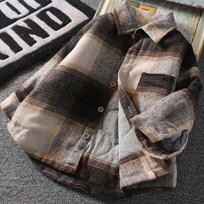 Autumn Winter Boys' Fleece Lined Quilted Shirt Thermal Insulation Detachable Thickened Clothing for Kids Brushed Plaid Design