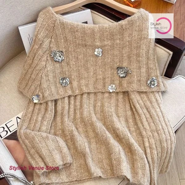French three-dimensional flower sequins one-shoulder gray sweater women's autumn and winter new sweet high-grade wild top