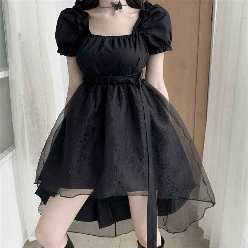 

Zoki Gothic Black Mini Dress Women Fashion Slim Puff Sleeves Irregular Tulle Dress Elegant Ruffles Square Collar A Line Dress