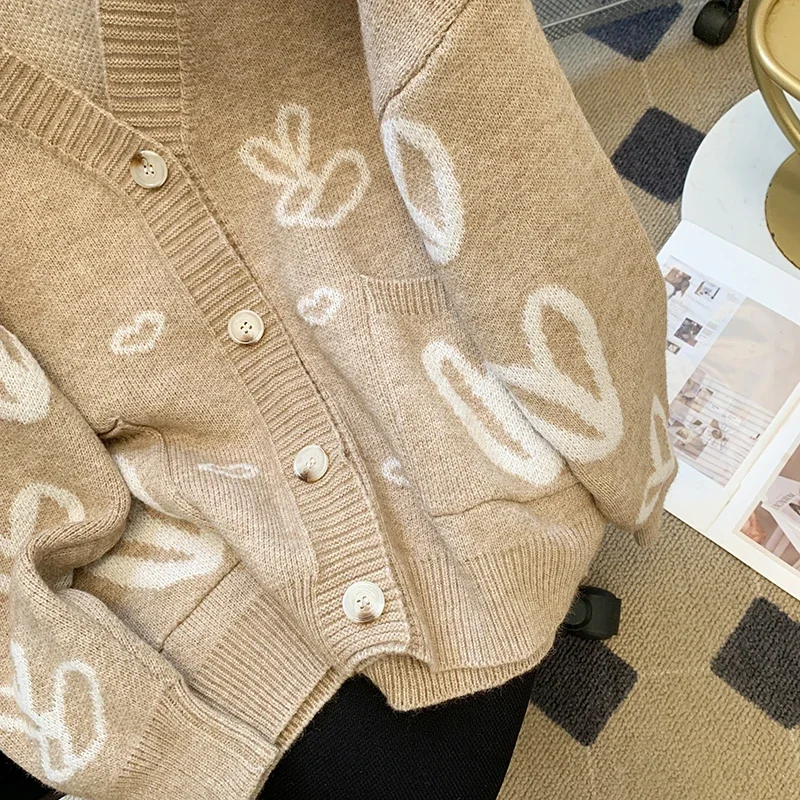 Women Cardigan Sweater College Style Autumn and Winter Sweater Loose Lazy Style Retro Khaki Knitted Top Coat Single Breasted