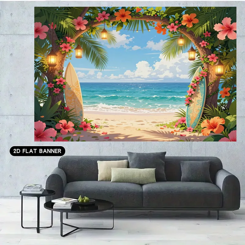 Tropical Beach Scene Backdrop Curtain Wall Hanging Boho Resort Deco Fabric Canvas Room Decoration Living Room Party Display