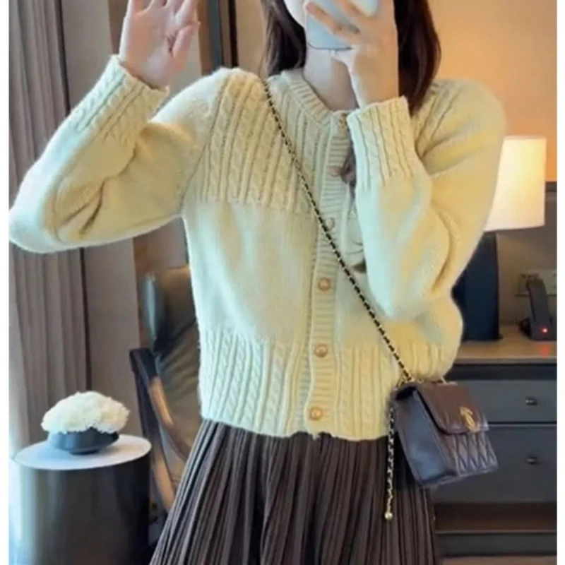 Autumn Winter Women\'s Solid Color Button Long Sleeve Sweater Knitted Sweet Cardigan Casual Hook Flower Hollow Fashionable Tops