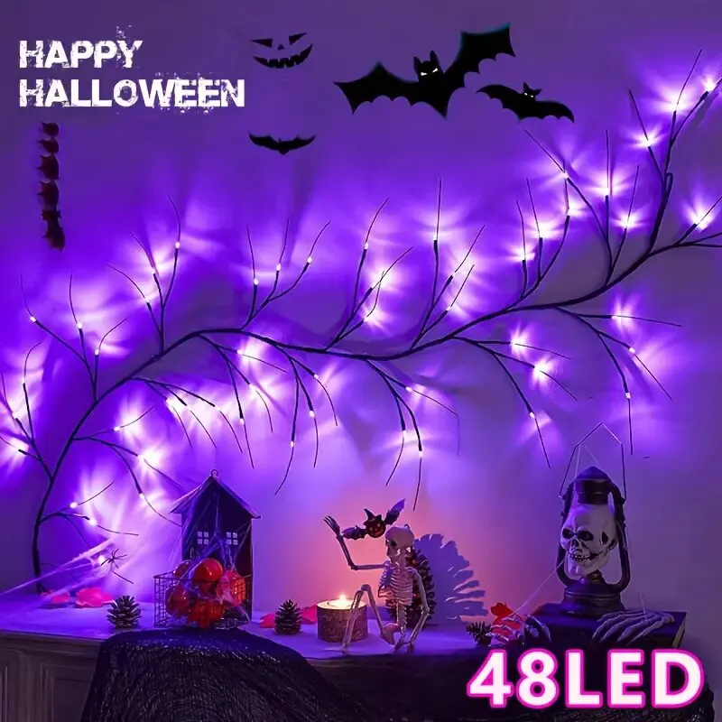 

1 шт., 48 светодиодных ветвей, гирлянд, гирлянд, фиолетовые украшения из ивы ивы, ветки, светильник с питанием от USB, сказочный свет для стены, спальни, дома