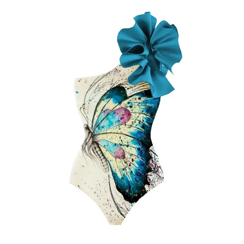 One Piece Swimsuit For Women European And American Swimwear Women's Shoulder Flower Decoration Butterfly Print One-piece Swimsui