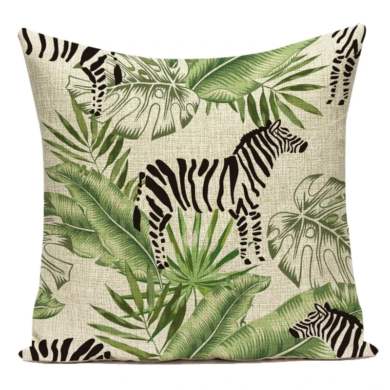 Tropical Flower & Animal Pillow Case Green Leaves Zebra Leopard Print Cushion Cover for Home Car Bed Decoration