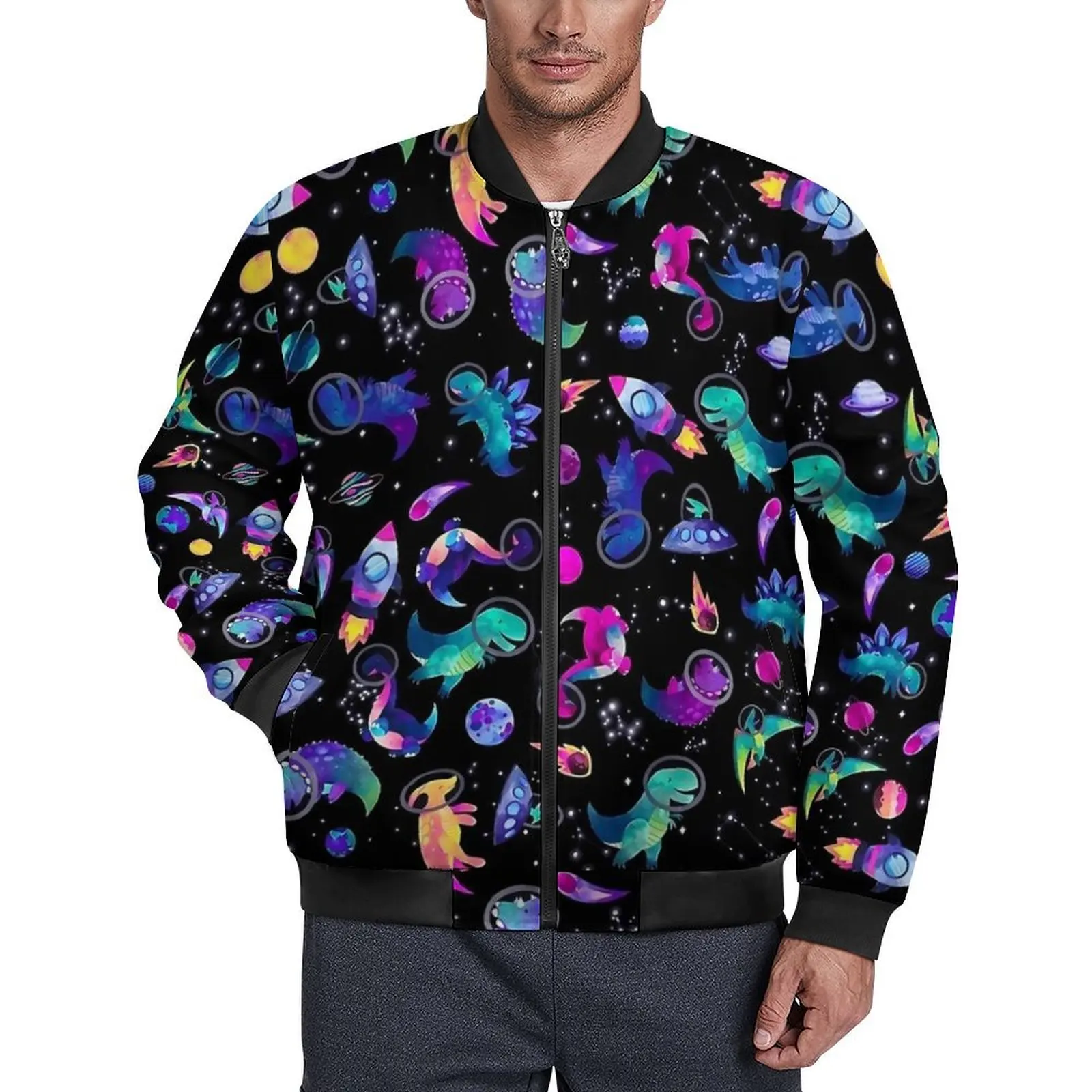 Space Dinosaurs Casual Jackets Watercolor Animal With Pockets Windbreak Mens Coats Winter Aesthetic Outerwear Jacket 4XL 5XL 6XL