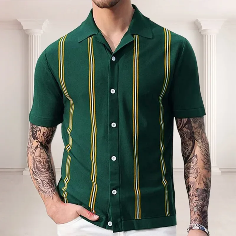 Japanese and Korean Quality Men's Summer New Striped Knit Suit Collar Fashion Single-breasted Short-sleeved Business POLO Shirt