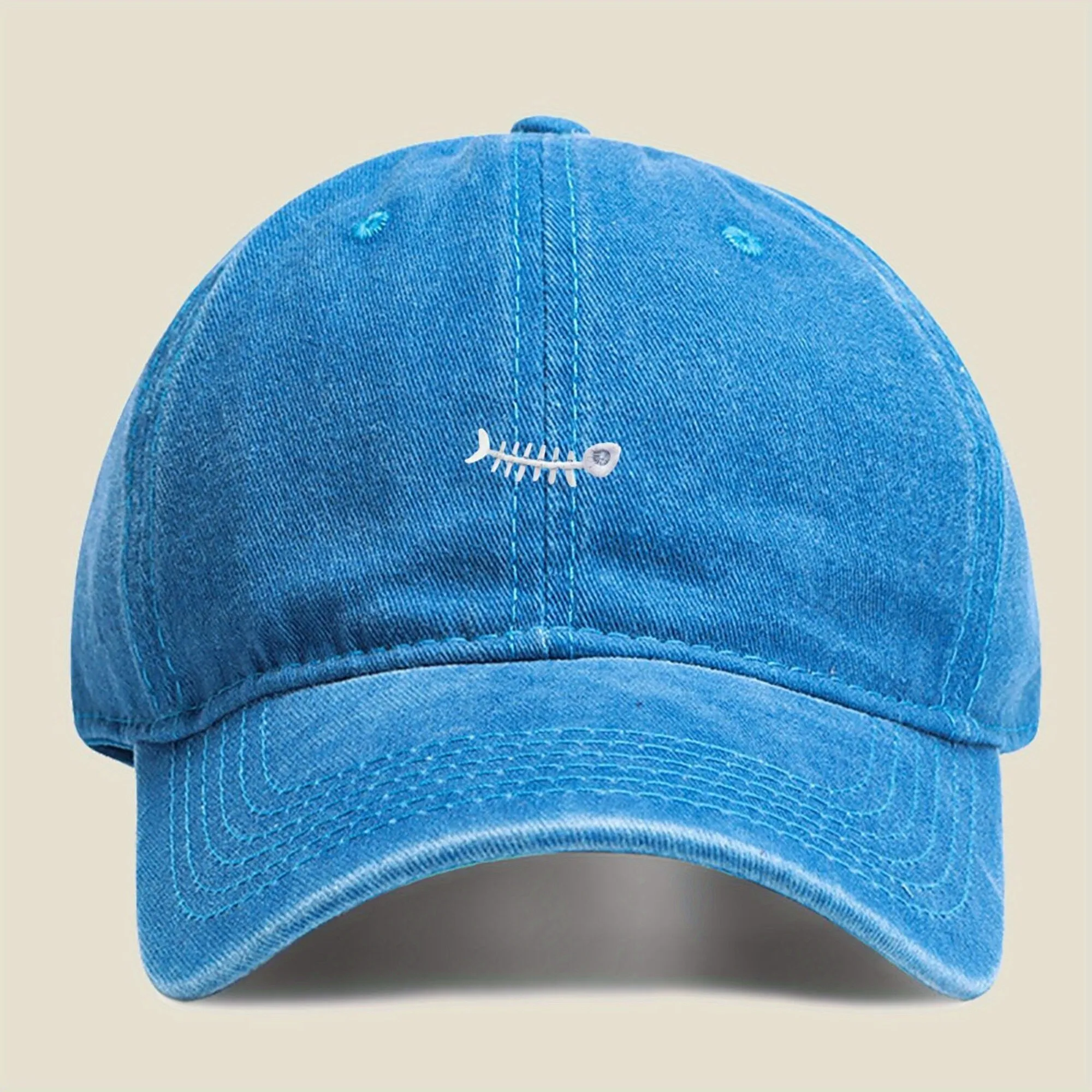 Small Fish Bone Print Washed Baseball Cap Unisex Summer Casual Sports Sun Hat
