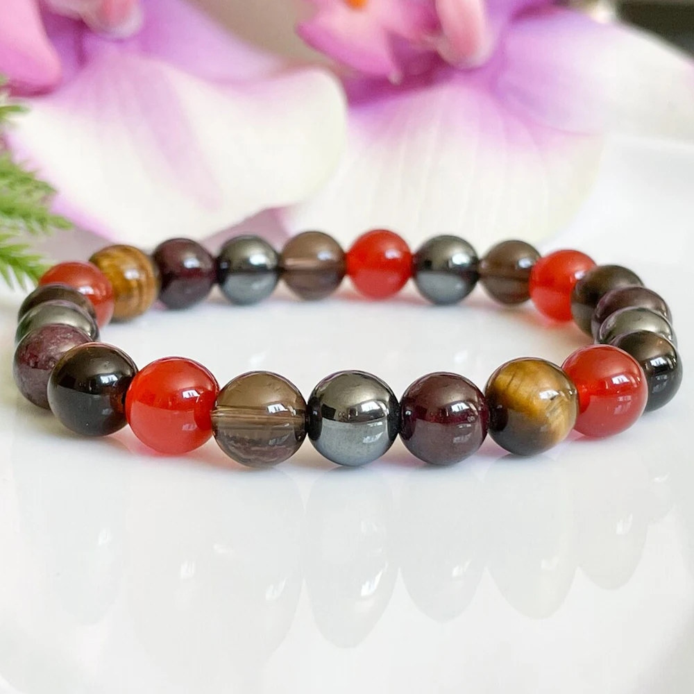 MG1784 New Leo Zodiac Gemstone Mix Bracelet 8 MM Natural Carnelian Tigers Eye Smoky Quartz Hematite Garnet Gemstone Bracelet