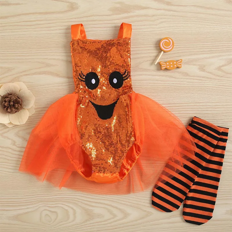 Newborn Baby Girls Halloween Outfits Sleeveless Ghost Romper Tutu Dress Sequin Bodysuit Leg Warmers Clothes Set