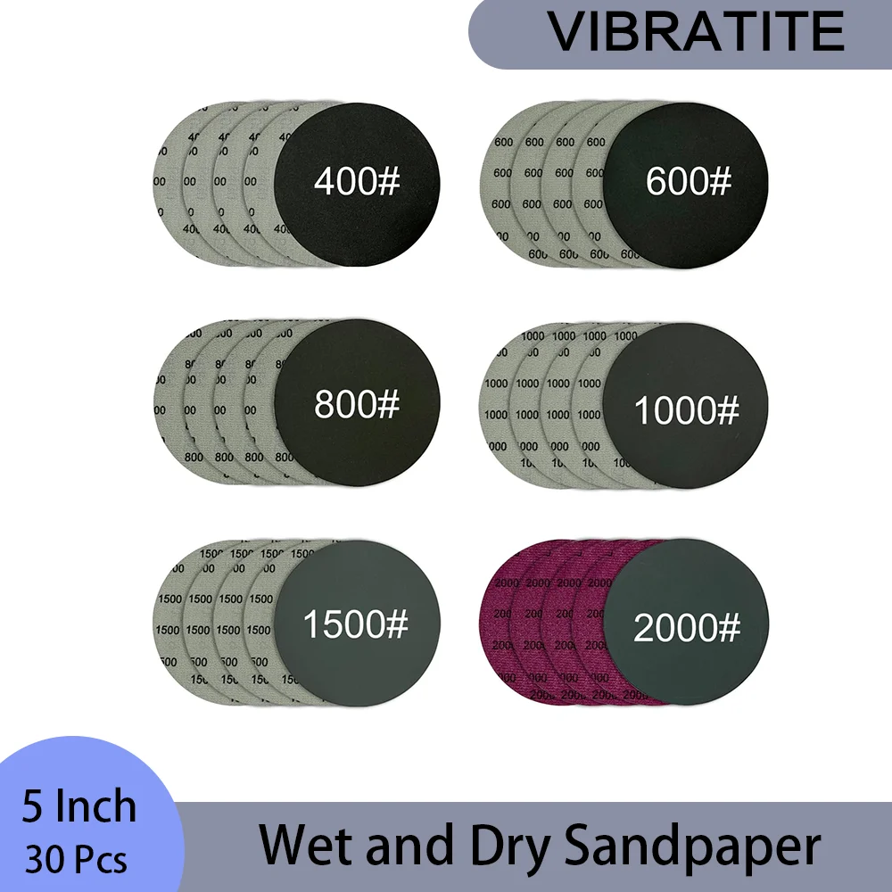 

5 Inch Wet and Dry Sandpaper 30 Pcs Hook and Loop Sanding Discs Assorted 400/600/800/1000/1500/2000 Grits for Polishing