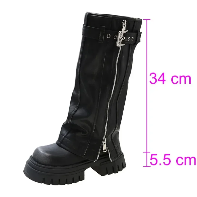 Brand Desinger Knight Women Mid Calf Boots Chunky High Heeled Platform Punk Motorcycle Long Booties Goth Street Shoes for Women