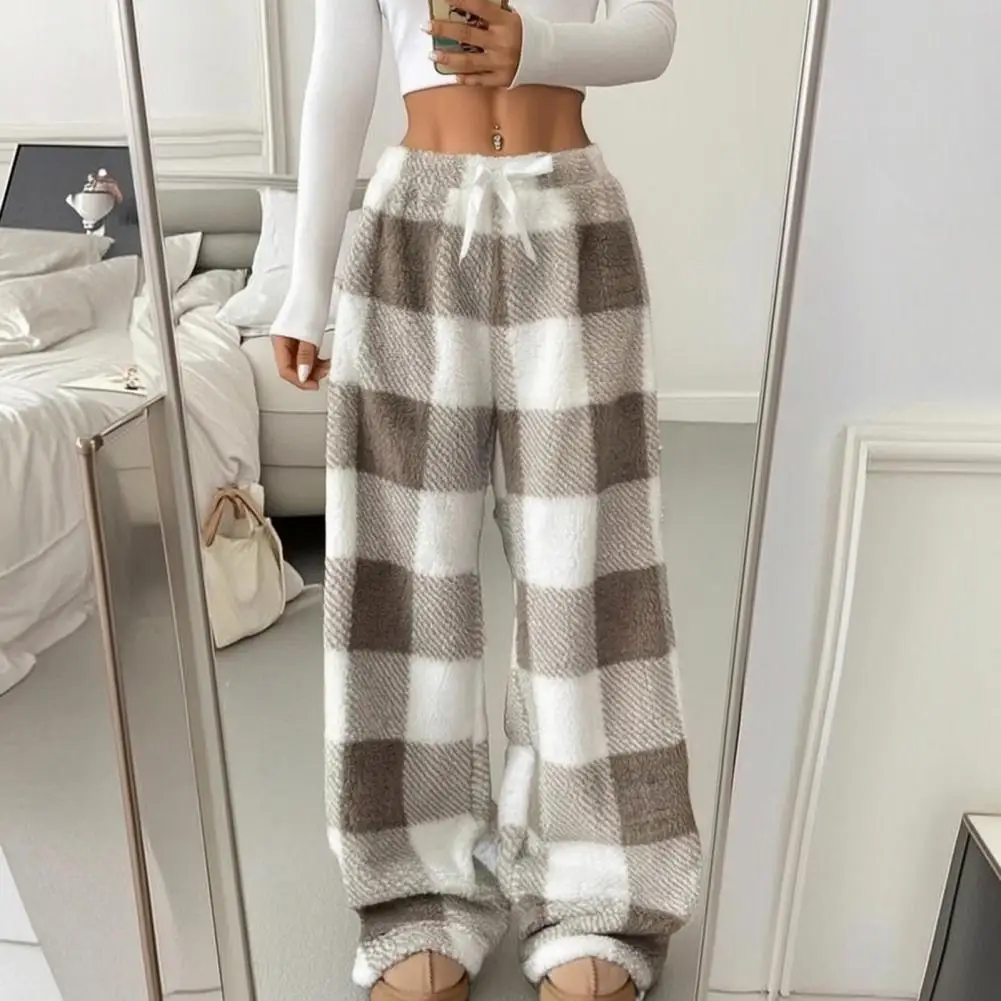 Women Plaid Pajama Pants Women Plaid Wide Leg Pants Drawstring High Waist Coral Fleece Loungewear Thick for Indoor for Women