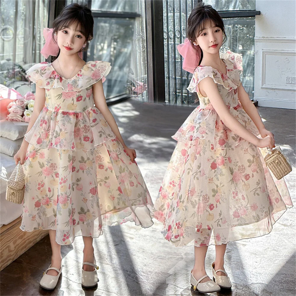 

Beautiful Flower Chiffon Dress Girl's Fluffy Skirt Lace Mesh Dress Summer Baby Princess Skirt 24031