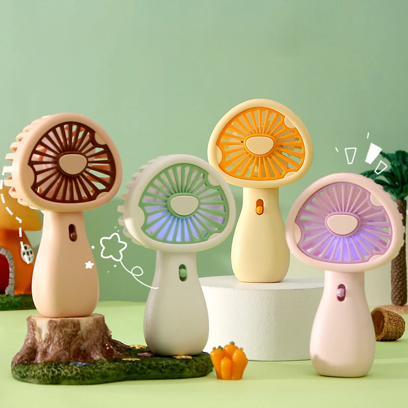 USB Rechargeable Cute Summer Mushroom Handheld Small Fan High Wind Power Mini Portable Colorful Lamp 2-speed Wind Adjustment