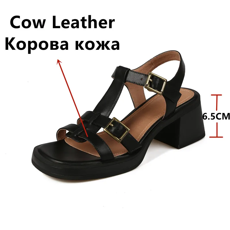 FEDONAS Women Gladiator Sandals 2025 Summer Vintage Buckle T-Strap Genuine Leather Thick Heels Pumps Casual Working Shoes Woman