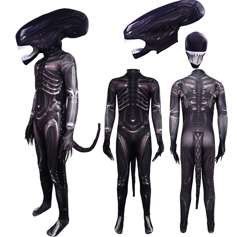 Disfraz de Cosplay de Alien Xenomorfo, Mono de Cuerpo Completo Impreso en 3D con Máscara, Traje de Película de Terror para Halloween y Representaciones Escénicas