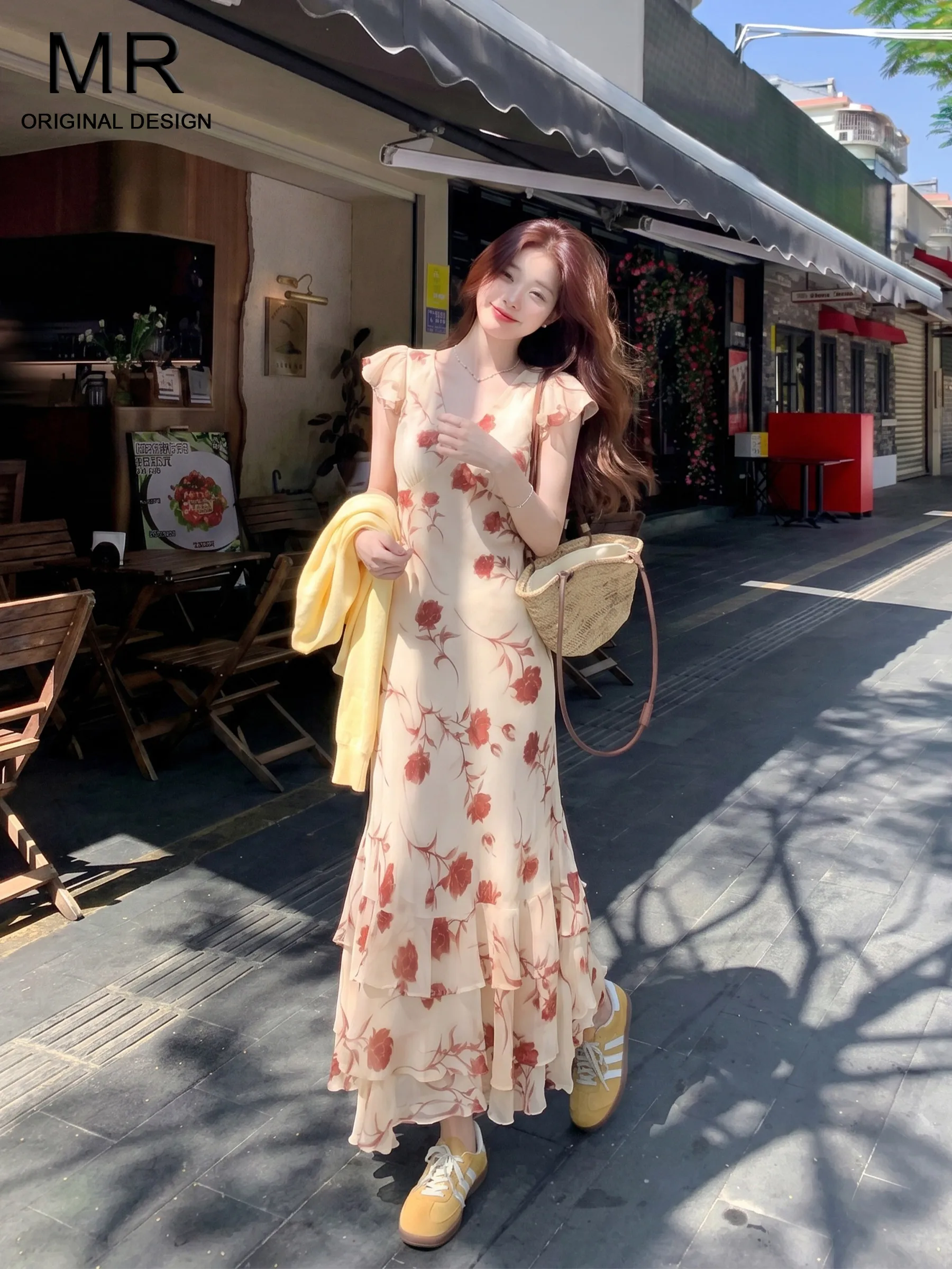 

V-Neck Print Dress Women's Summer Slimming Long Fish Tail Skirt Casual Style Gathered Waist Sleeveless A-Line Dress