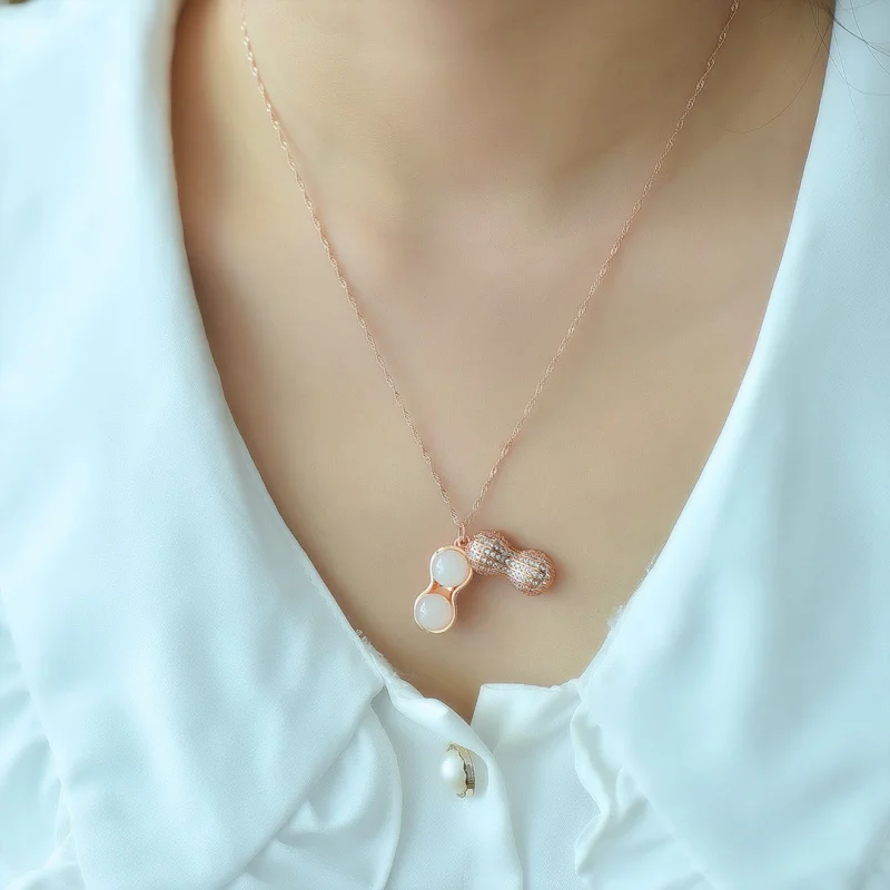 Ancient Inlaid Natural Hetian Jade Good Thing Happened Stylish Pendant Women's Peanut Necklace Hollow out Clavicle Chain Accesso