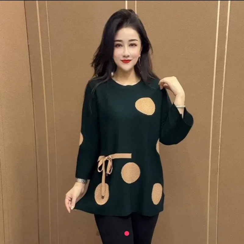 Women Autumn Fashion Polka Dots Print Lace-up Elegant Knitted Sweater Ladies O Neck Long Sleeve Loose Pullover Tops Tunic Jumper