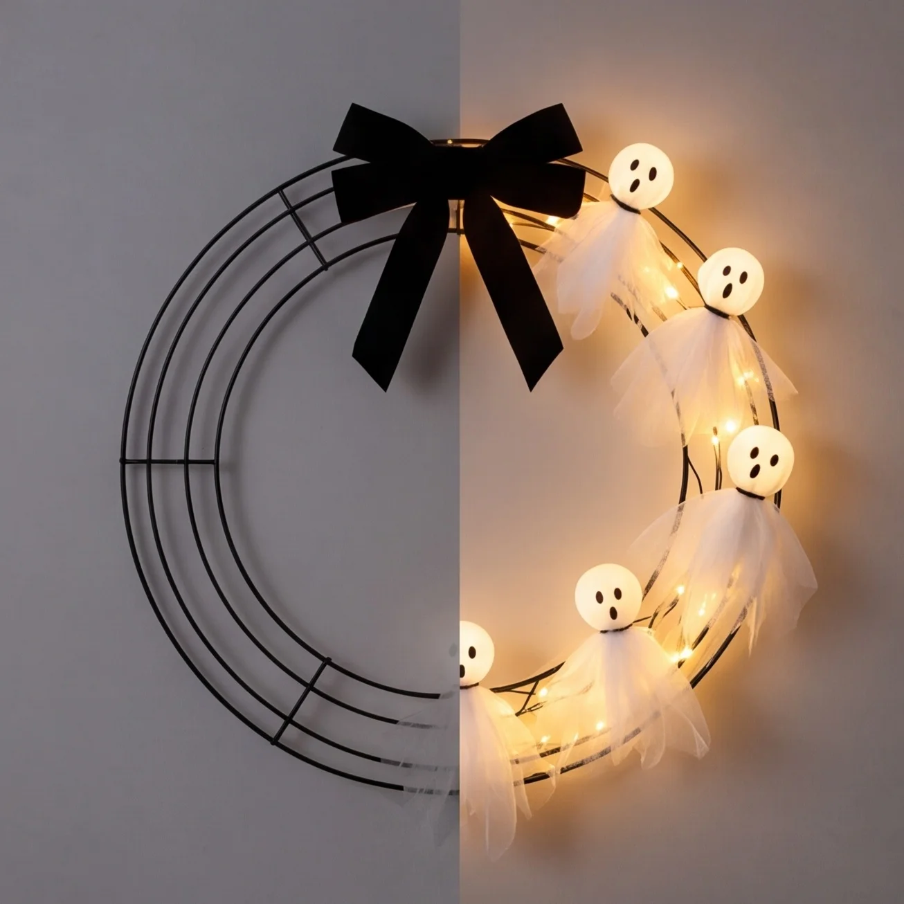 Halloween Ghost Wreath with Lights 15.7 Inch 12 Tulle Wrapped Figures 8 Lighting Modes Remote Timer for Front Door Porch Window
