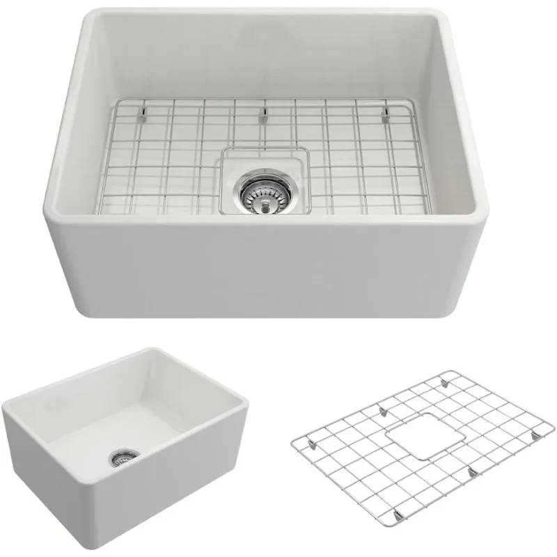 Classico Farmhouse Apron Front Fireclay 24 in. Single Bowl Kitchen Sink with Protective Bottom Grid and Strainer in White