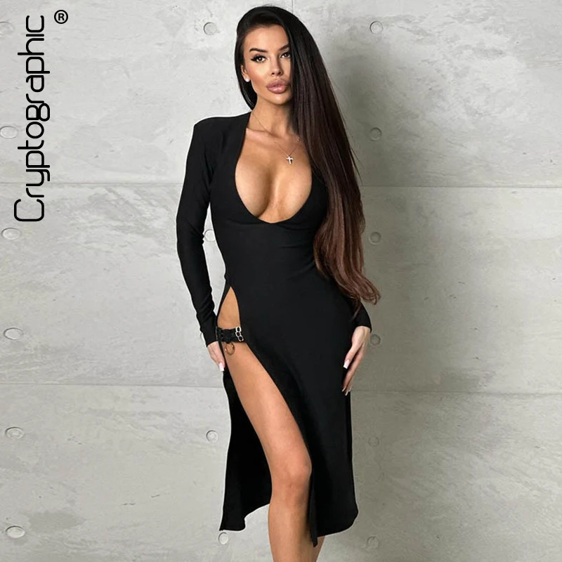 

Cryptographic Fashion Sexy Deep V Neck High Waist Split Midi Dress Club Outfits for Women Gothic Long Sleeve Party Dresses New