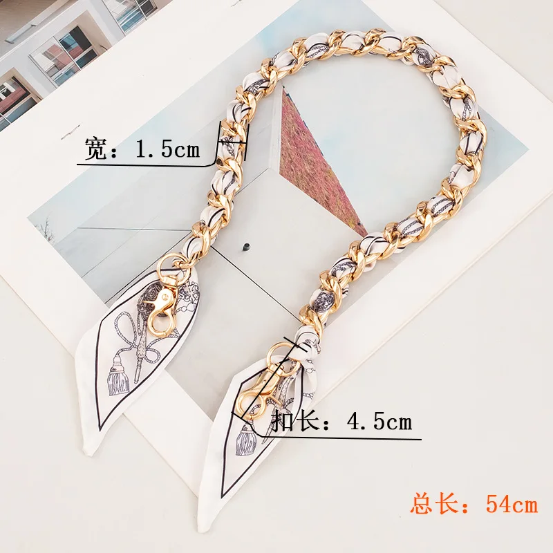 54cm Bag Handle Silk With Metal Chain Women Fashion Handbag Handle Decoration Tie Multi Function Hand Ribbon Purse Bag Straps