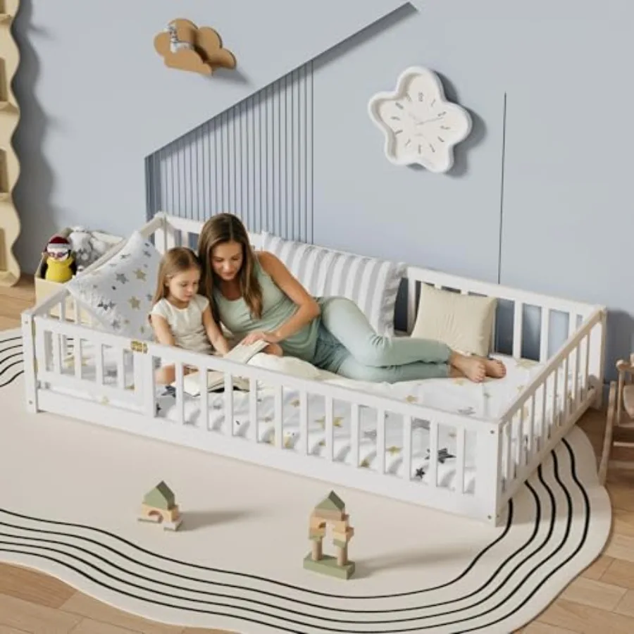 Floor Bed for,Sturdy Wood Montessori Bed Frame with Wood Slats, High Fence and Small Door, Montessori Floor Bed for Girls and B
