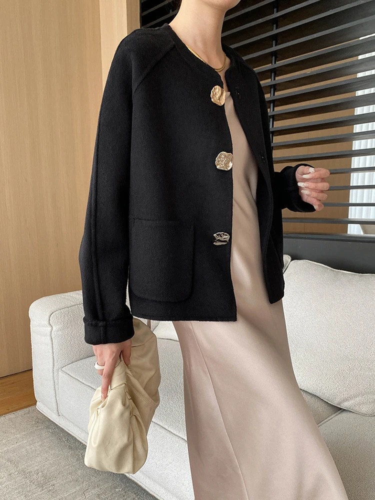 [LANMREM] Office Lady Wool Coat For Womrn Round Neck Single Breasted Long Sleeve Fit Loose Jackets 2024 Autumn New 26C186