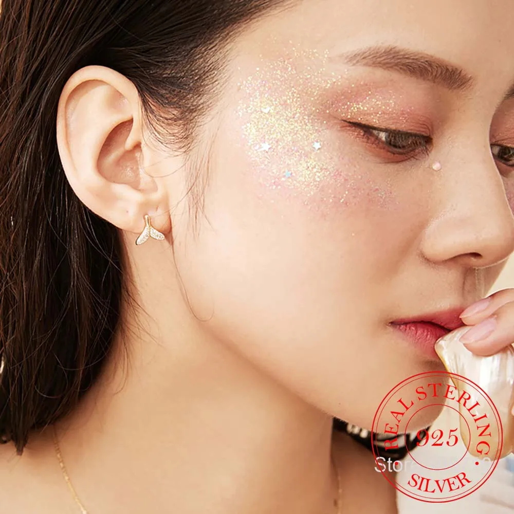 925 Sterling Silver Mermaid Stud Earrings for Women Girls 2022 New Trendy Fishtail Clear Crystal pendientes aretes de mujer Gift