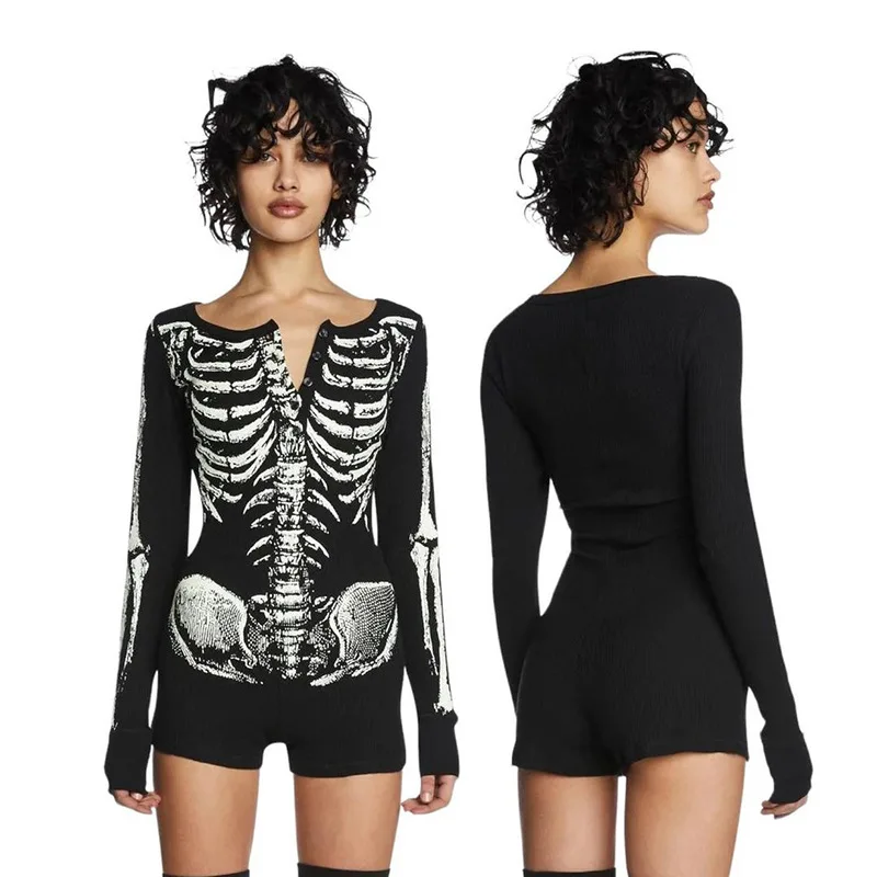 Autumn 2024 New Halloween Cosplay Personalized Slim Fit Skull Bone Print Jumpsuit for Women