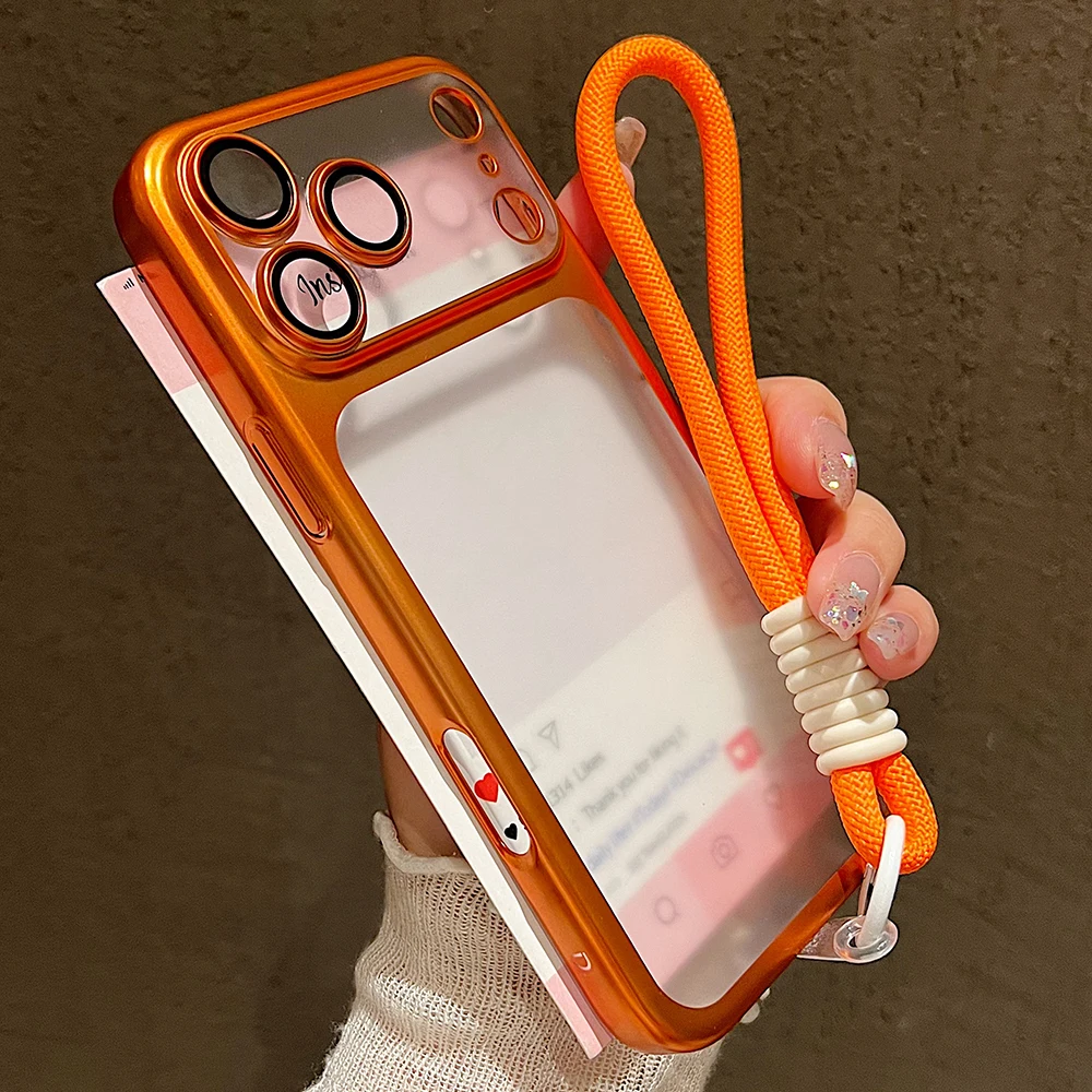 

Luxury Frosted Transparent Matte Phone Case For iPhone 16 15 17 Pro Max Air 14 13 With Hand Wrist Strap Lanyard Shockproof Cover