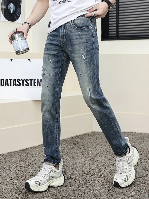 

Мужские джинсы American High Street Splaed Ink с рваными элементами, зауженные, повседневные, длинные, из хлопкового стрейч-денима, со средней посадкой, на молнии