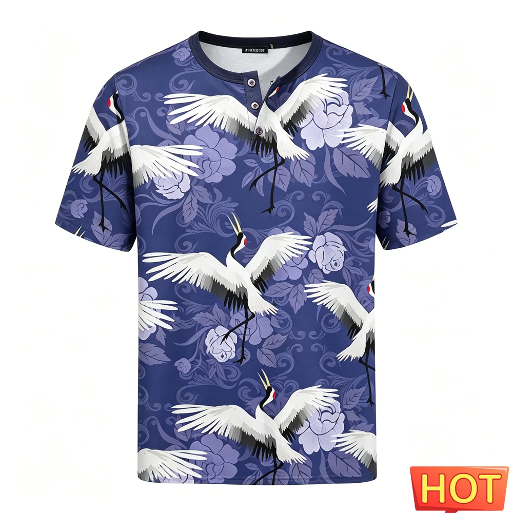 Summer Casual Simple Men's Henley Shirts Fashion Ukiyo-e 3D Print Henry Collar Short Sleeve Tees Funny Animal Pattern Loose Tops