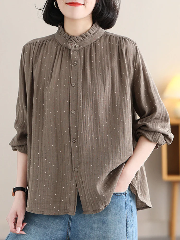 

2025 Fashion New Hot Fashion Korea Style Vintage Chiffon Polka Dots Women's Body Blouse Tops Shirt Stand Collar Ruffles Wh3