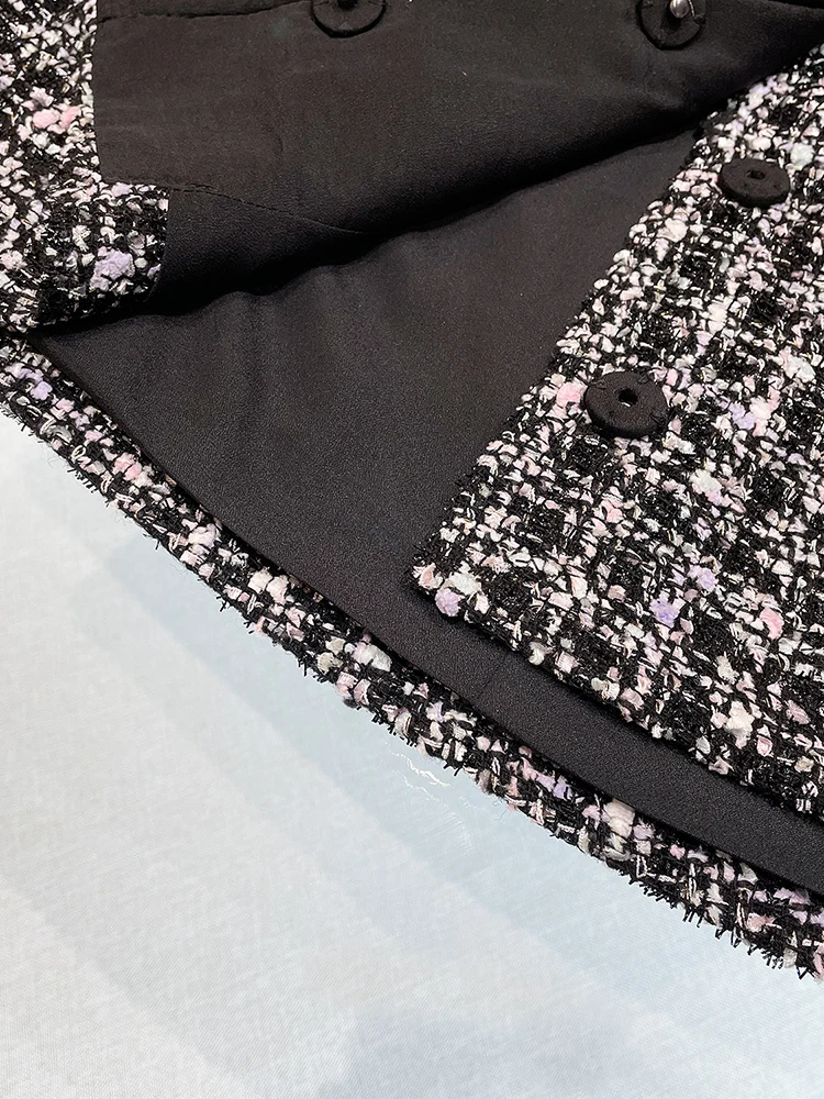 A-Linie mit hoher Taille, Dr. Bla und weiß karierter Wollrock mit Umlegekragen, Retro-Pendel-Strickrock für Damen