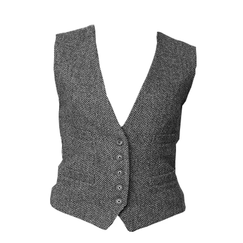 Women\'s Suit Vest Brown Wedding Herringbone Tweed V Neck Elegant OL Waistcoat Single Breasted 4 Pocket жилетка женская 2022