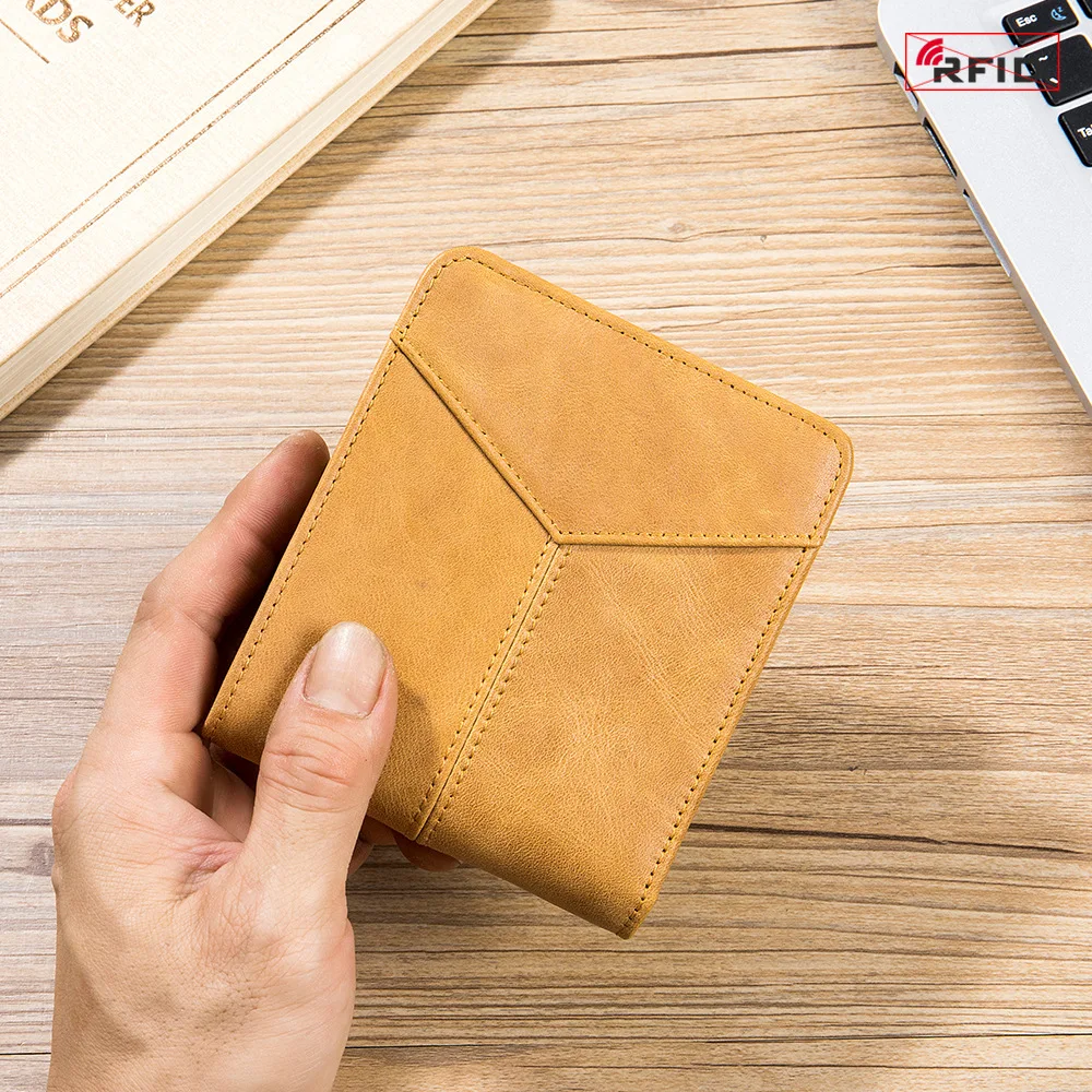 Genuine Leather RFID Short Wallets Card Holder Bag Cowhide Small Money Coin Purse For Men Women Student Pouch Two Three Fold