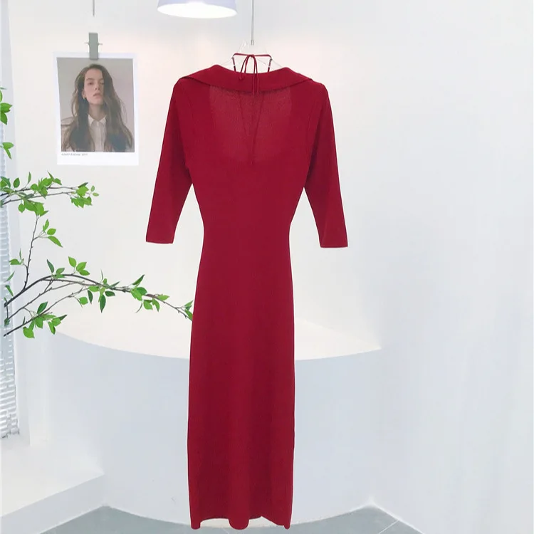 

6393 Полузрелая роза ~ Новое летнее элегантное длинное платье с лямкой на шее и лацканами