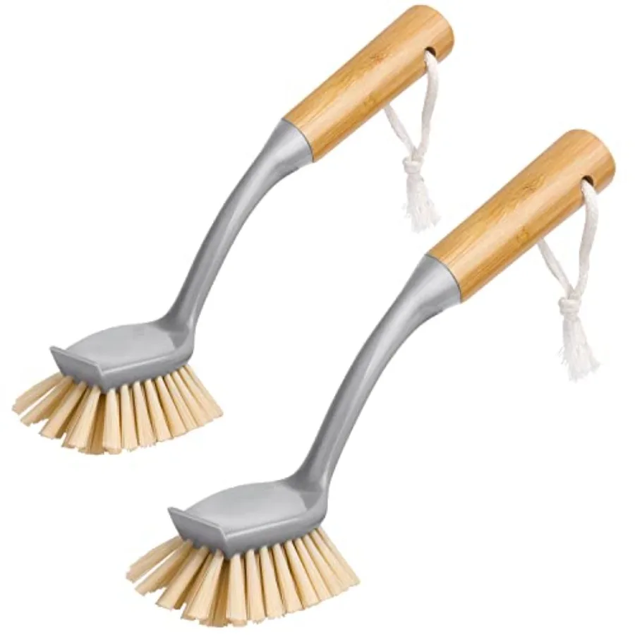 Dish Brush with Bamboo Handle Built in Scraper, Pack of 2 Scrub brush for dishes, pans, pots, kitchen sinks cleaning, dish scru
