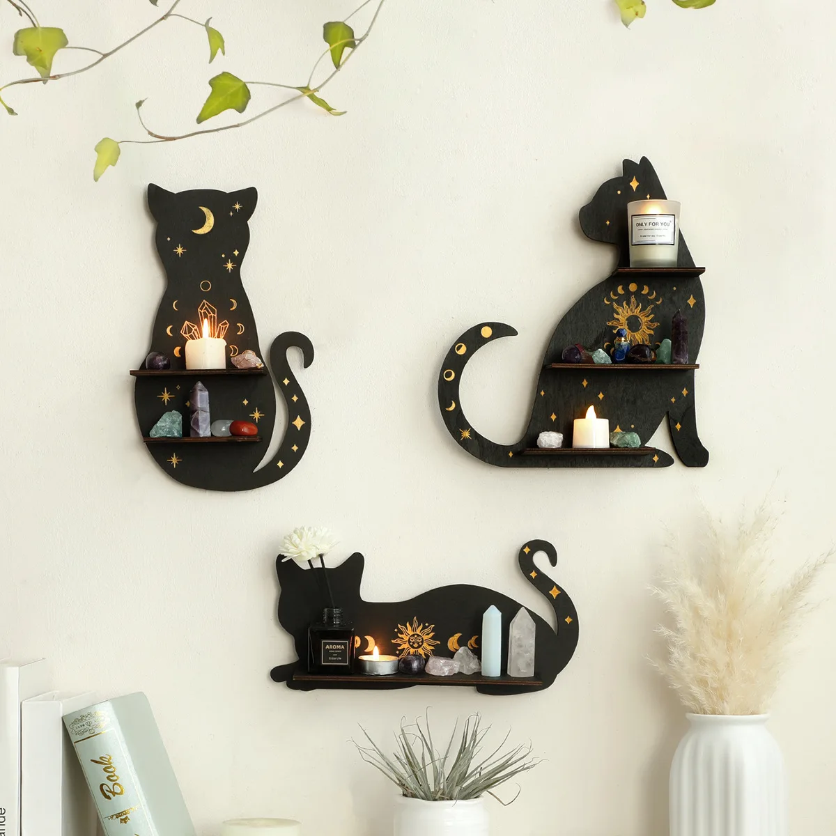 Gothic Animal Cat Shaped Wooden Wall Crystal Storage Shelves Hang Pieces Homestay Home Atmosphere Creative Ornaments Handicrafts