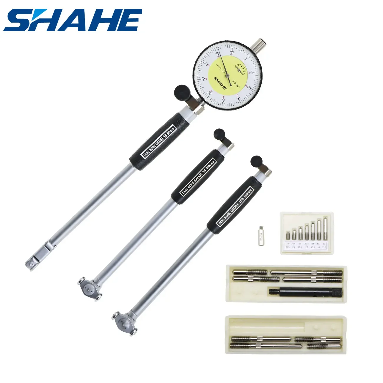 SHAHE 0.01mm Wskaźnik zegarowy wskaźnika średnicy wewnętrznej Zestaw wskaźników otworu 18-50/50-100/100-160mm Miernik poziomu cylindra z otworem