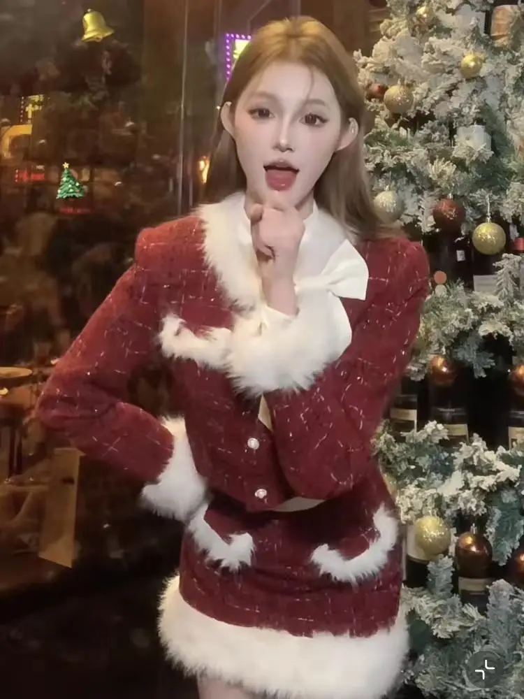 

Sweet Hot Girl Christmas Suit Women's Autumn and Winter Fur Long-sleeved Jacket High Waisted Skirt Two-piece Set Female Clothes