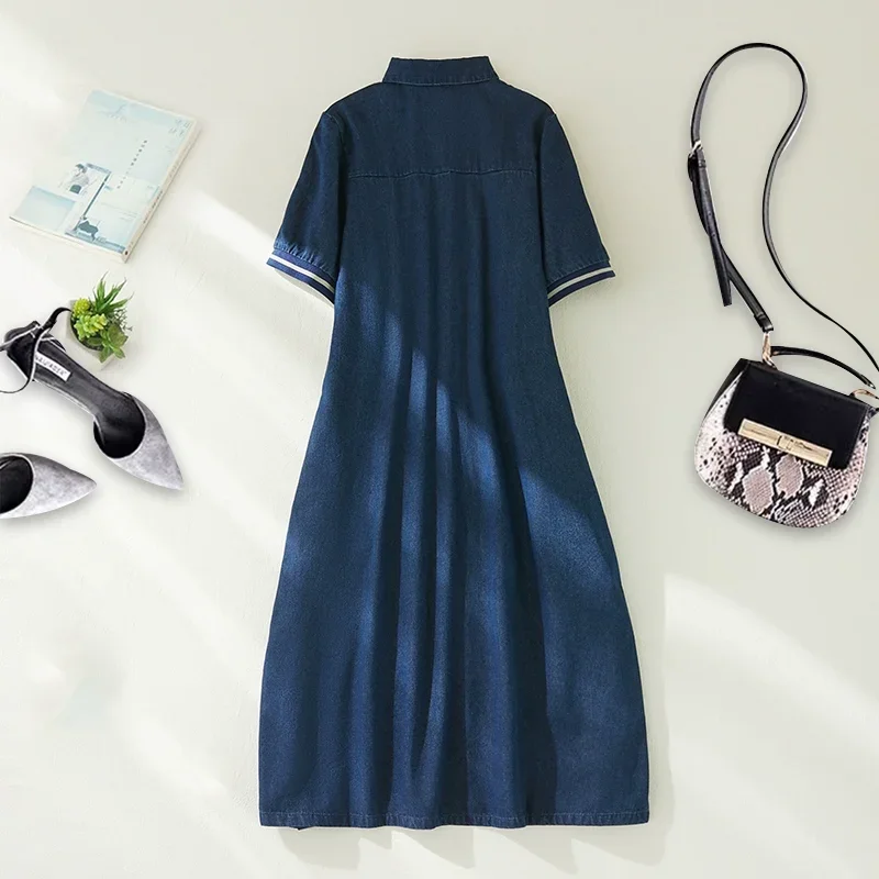 Women's Blue Denim Dress Summer Fashion Short Sleeve Polo Neck Vintage Mid-long French Style Elegant Basic Casual Slim Fit Frock