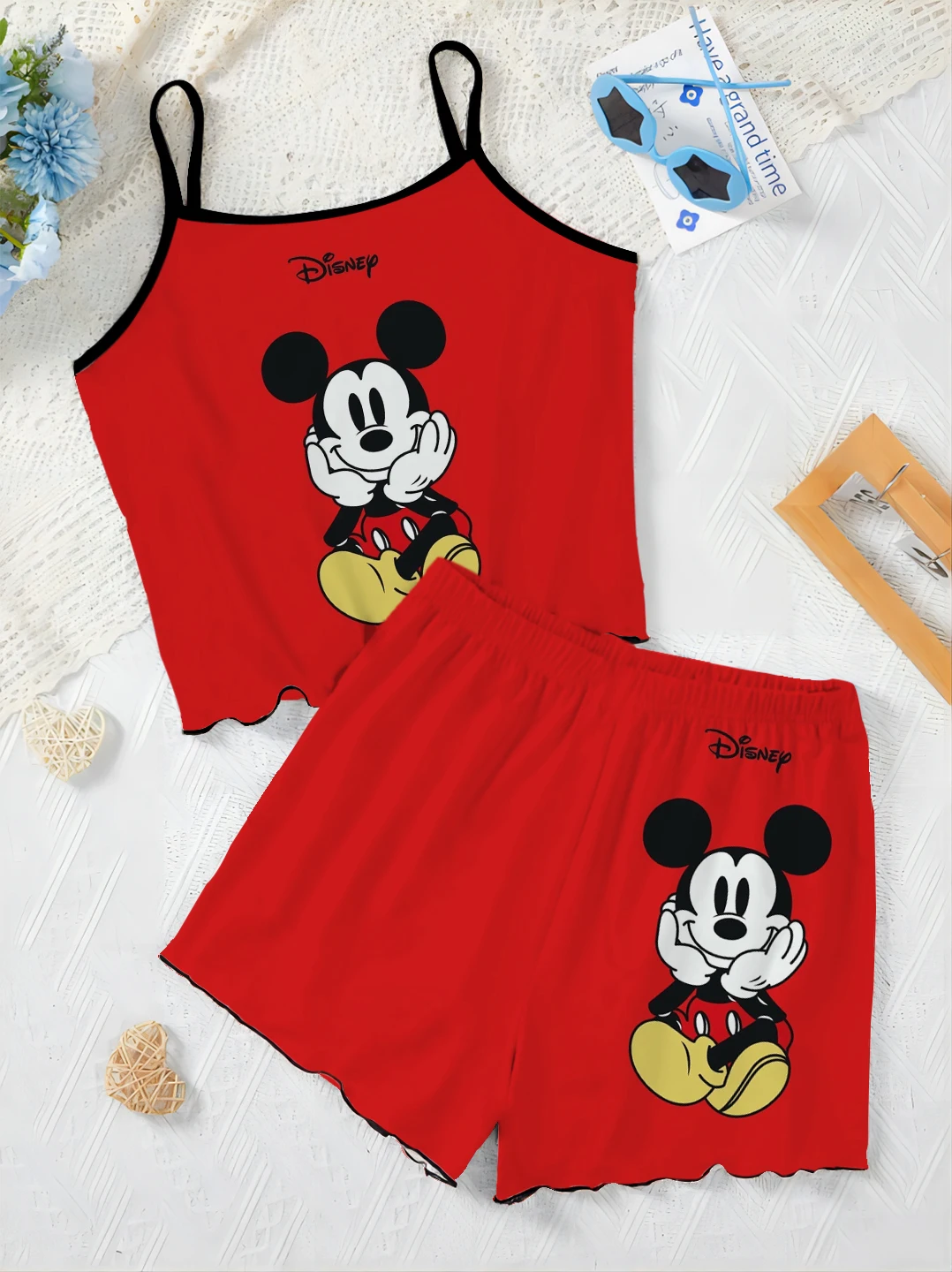 Slip Dress Lettuce Trim Pajama Skirt T-shirt Mickey Minnie Mouse Short Sets for Women 2 Pieces Women's Suit Disney Elegant Home